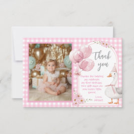TARJETA DE AGRADECIMIENTO UN SILLY GOOSE PINK GINGHAM PRIMER CUMPLEAÑOS