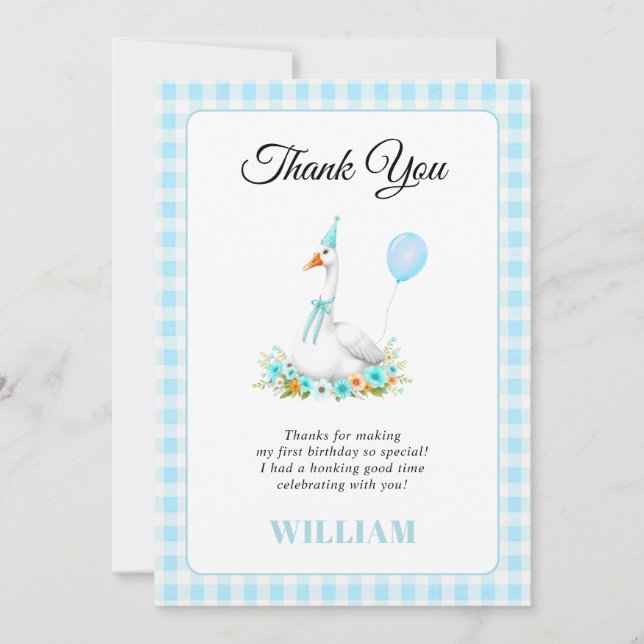 Tarjeta De Agradecimiento Un tonto chico de oca de primer cumpleaños azul Gr (Anverso)