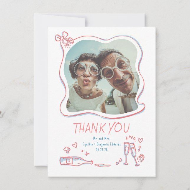 Tarjeta De Agradecimiento Una caprichosa foto de un Boda dibujada a mano (Anverso)