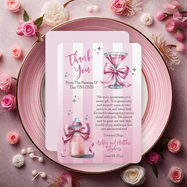 Tarjeta De Agradecimiento Una Dulce Tini Uno Rosa Coqueta Niña Baby Shower (Coquette Bows Martini | Bottle Girl Baby Shower Thank You Flat Card - "A Sweet Tini One" Collection)