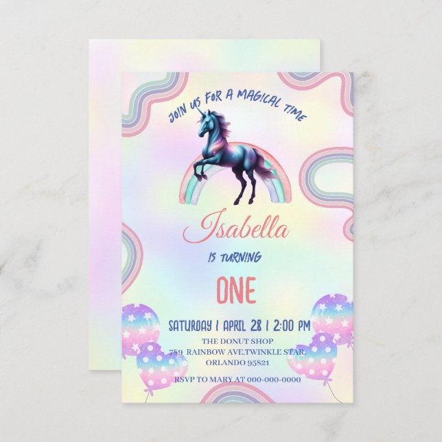 Tarjeta De Agradecimiento Una fiesta de cumpleaños feliz de un unicornio de  (Anverso / Reverso)