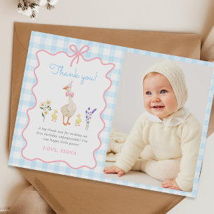 Tarjeta De Agradecimiento Una foto de primer cumpleaños de Blue Gingham de u