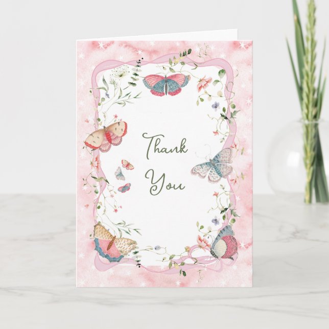 Tarjeta De Agradecimiento Una mariposa bebé va camino a Baby Shower (Anverso)