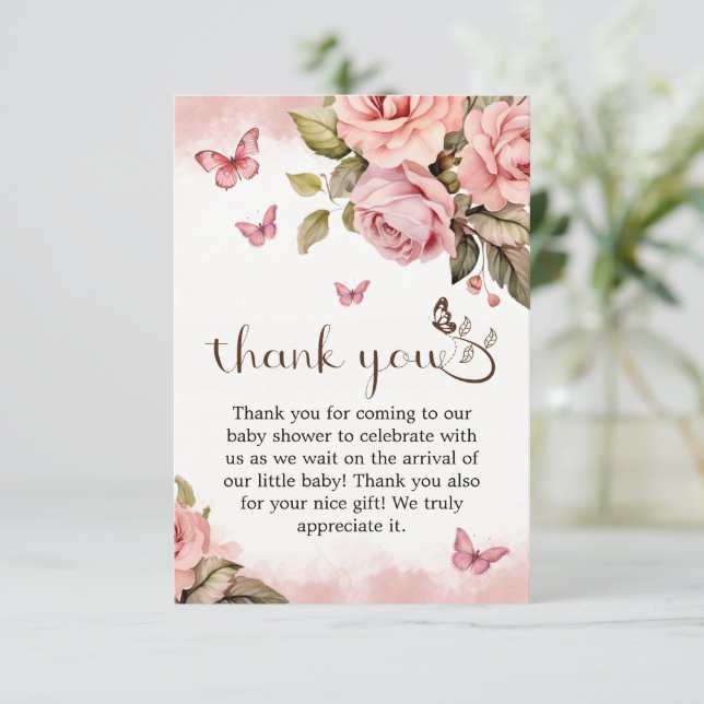 Tarjeta De Agradecimiento Una mariposa en camino a Baby Shower (Anverso de pie)
