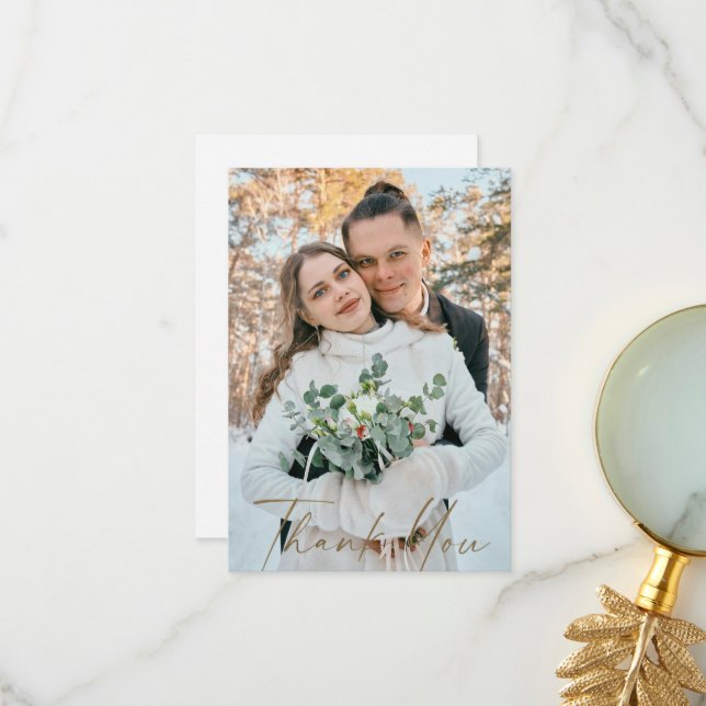 Tarjeta De Agradecimiento Una pareja de fotos Boda de Invierno en blanco Gra (Anverso/Reverso In Situ)