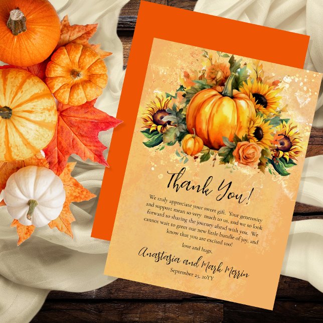 Tarjeta De Agradecimiento Una pequeña calabaza | Baby Shower de caída de gir ("A Little Pumpkin Is On The Way" Pumpkins, Sunflowers and Apricot Roses Baby Shower Thank You Card)