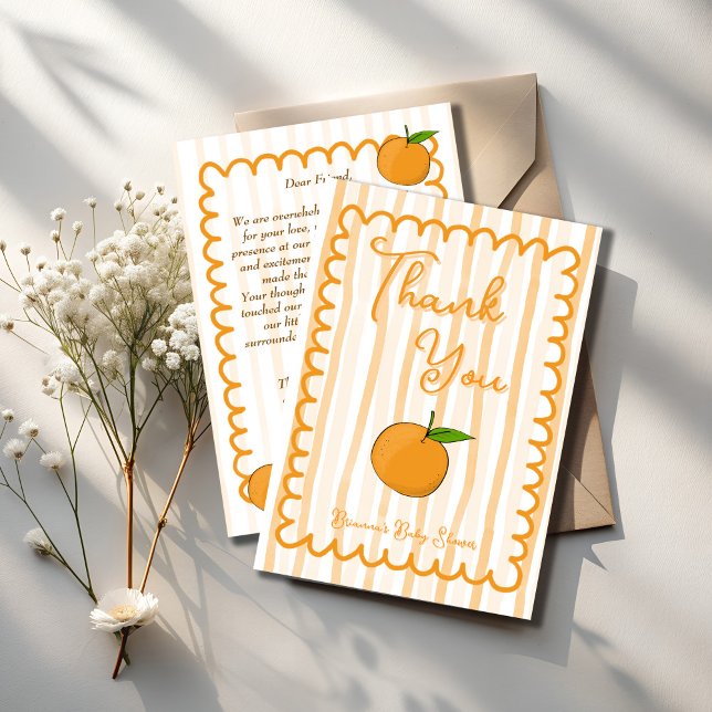 Tarjeta De Agradecimiento Una pequeña ducha de bebé de cítricos caprichosos (A little cutie whimsical orange handrawn wavy border sketch citrus baby shower thank you cards)