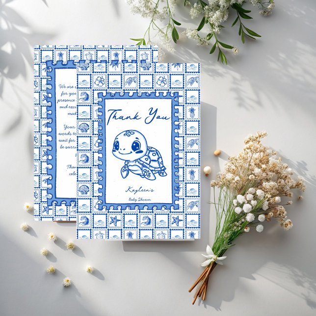 Tarjeta De Agradecimiento Under the sea blue cute turtle baby shower (Under the sea blue cute sea turtle baby shower thank you cards post stamp hand drawn sketch turtle)