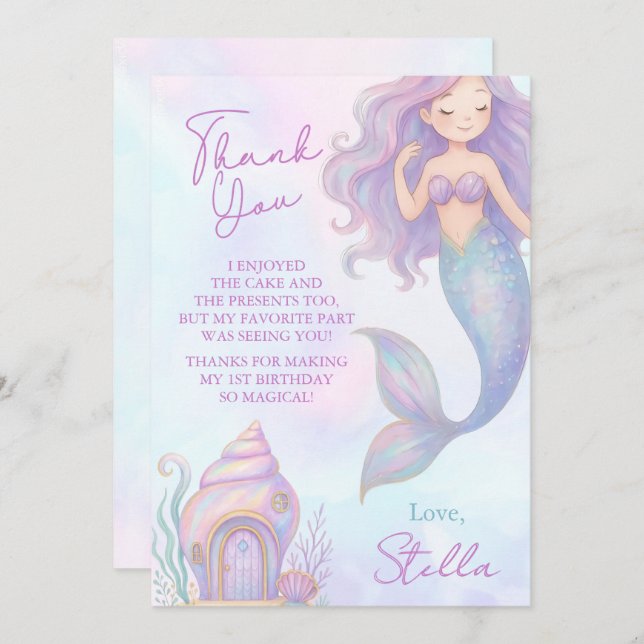 Tarjeta De Agradecimiento Under the Sea Mermaid Sea Purple Girl 1st Birthday (Anverso / Reverso)