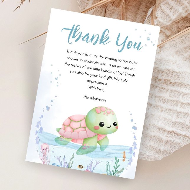 Tarjeta De Agradecimiento Under the Sea Pink Chica Turtle Baby Shower (Subido por el creador)