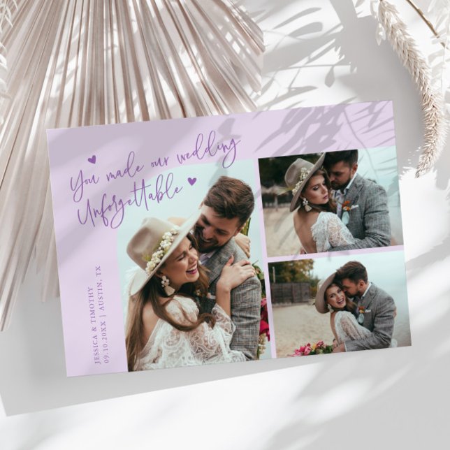 Tarjeta De Agradecimiento Unforgettable Wedding Lilac Multi Photo (Subido por el creador)