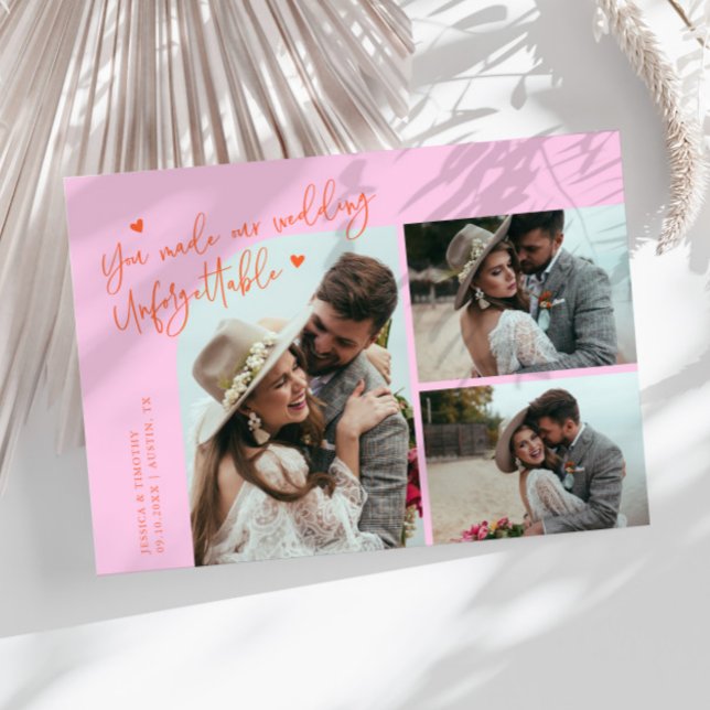 Tarjeta De Agradecimiento Unforgettable Wedding Orange Pink Multi Photo (Subido por el creador)