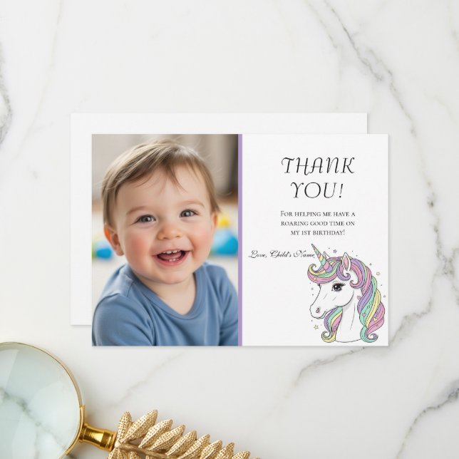 Tarjeta De Agradecimiento Unicorn 1st Birthday Photo Thank You Card (Anverso/Reverso In Situ)