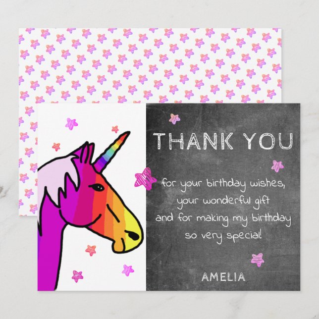 Tarjeta de agradecimiento Unicornio Arcoíris Pizar (Anverso / Reverso)