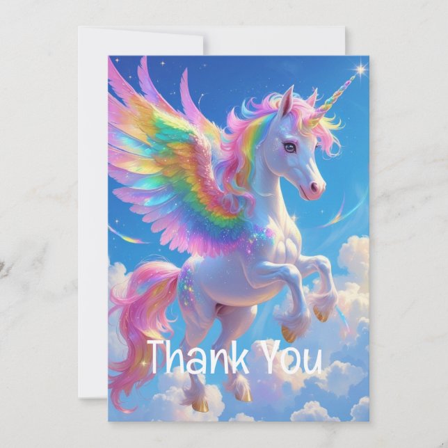 Tarjeta De Agradecimiento Unicornio Bailarín con Alas de Arcoíris  (Anverso)