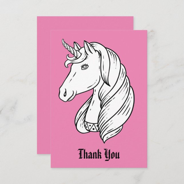 Tarjeta De Agradecimiento Unicornio blanco y negro (fondo rosado) (Anverso / Reverso)