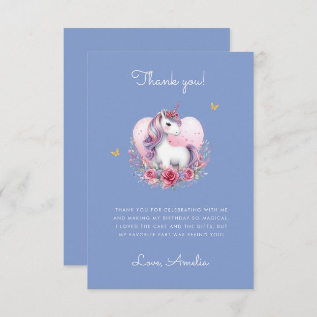 Tarjeta De Agradecimiento Unicornio Floral Caprichoso Cumpleaños Azul (Anverso / Reverso)