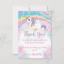 Tarjeta De Agradecimiento Unicornio, la fiesta de cumpleaños del arcoiris