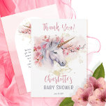 Tarjeta De Agradecimiento Unicornio místico | Chica Floral Rosa Baby Shower<br><div class="desc">Presentamos nuestro cautivador diseño "Gracias" de Baby Shower, Chica místico de unicornio y floral rosada. Sumérgete en un mundo de encanto mientras te preparas para celebrar la llegada de una pequeña. Esta exquisita colección cuenta con un majestuoso unicornio como punto focal, adornado con elegancia con delicadas flores rosadas y situado...</div>