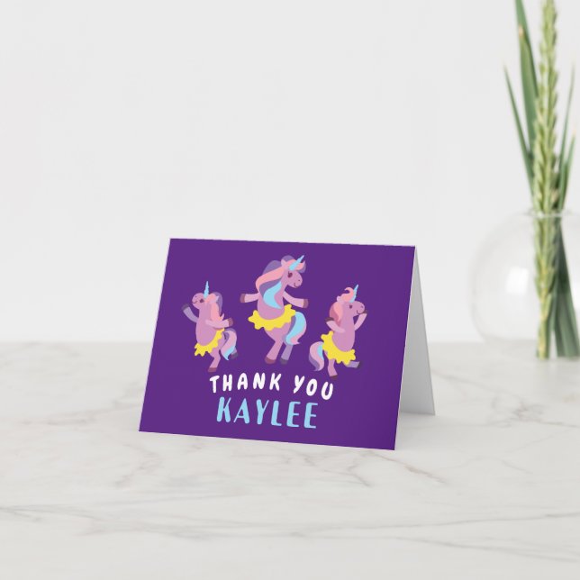 Tarjeta De Agradecimiento Unicornios Bailarines de Morado y Rosa Gracias a l (Anverso)