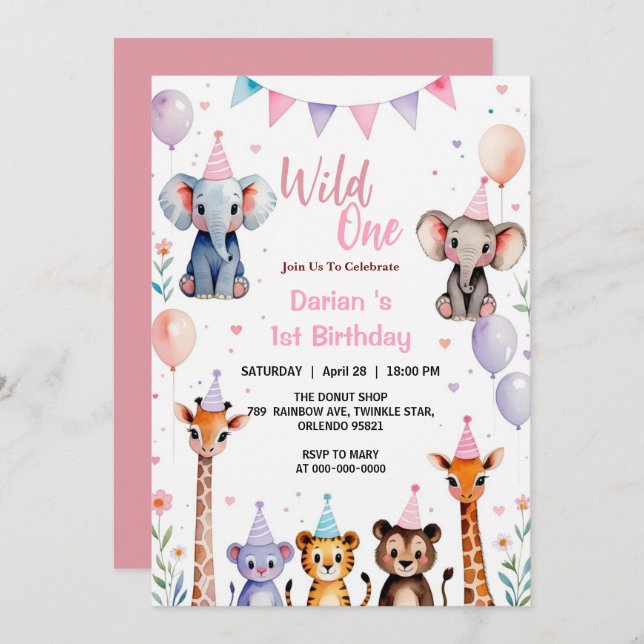 Tarjeta De Agradecimiento Uno Salvaje Cumpleaños de Animales Lindos Globos n (Anverso / Reverso)