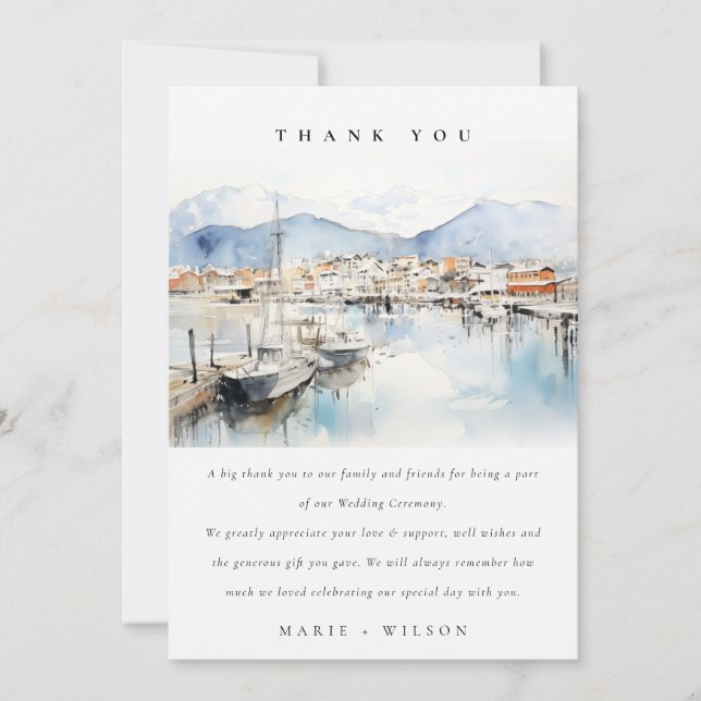 Tarjeta De Agradecimiento Ushuaia, Argentina Watercolor Landscape Wedding (Anverso)