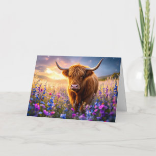 Tarjeta De Agradecimiento Vaca de las Tierras Altas en un campo de flores co
