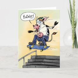 Tarjeta De Agradecimiento Vaca en un patineta gritando movimiento