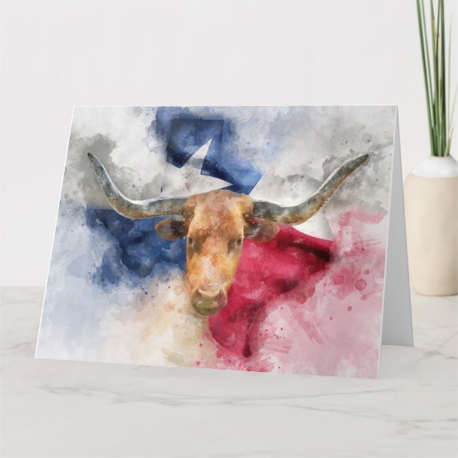 Tarjeta De Agradecimiento Vaca Longhorn con bandera de Texas (Anverso)