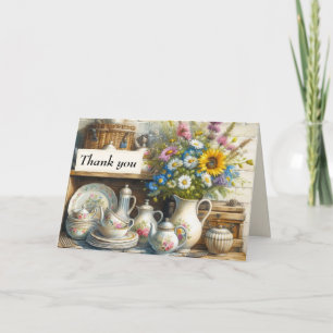 Tarjeta De Agradecimiento Vajilla antigua con estilo shabby chic tetera y fl