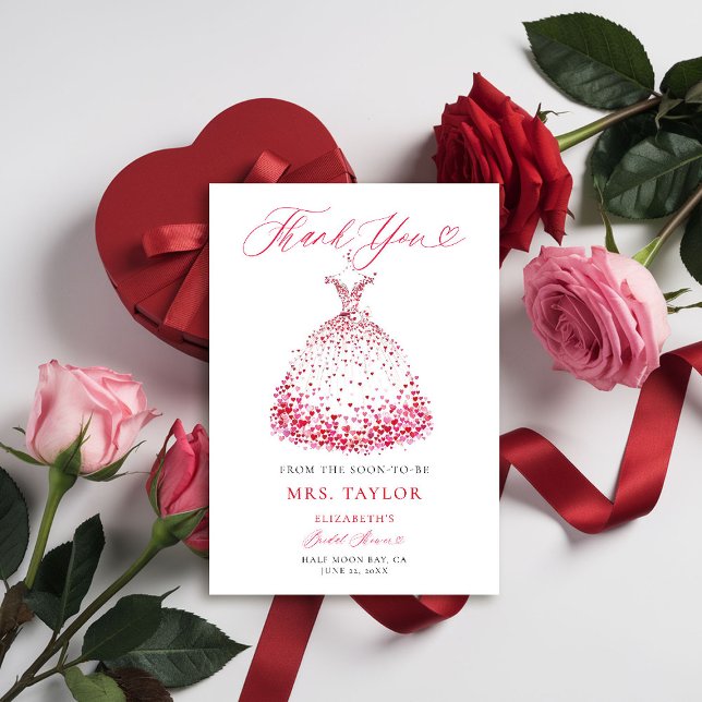 Tarjeta De Agradecimiento Valentine Hearts Vestidos Vestidos Vestidos Ducha  (valentine bridal shower thank you card elegant dress red hearts bow calligraphy romantic elegant)