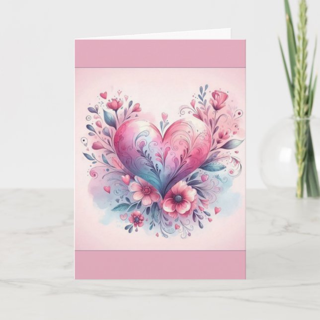 Tarjeta De Agradecimiento Valentine's Day Card Pink Flowers Pink Heart (Anverso)