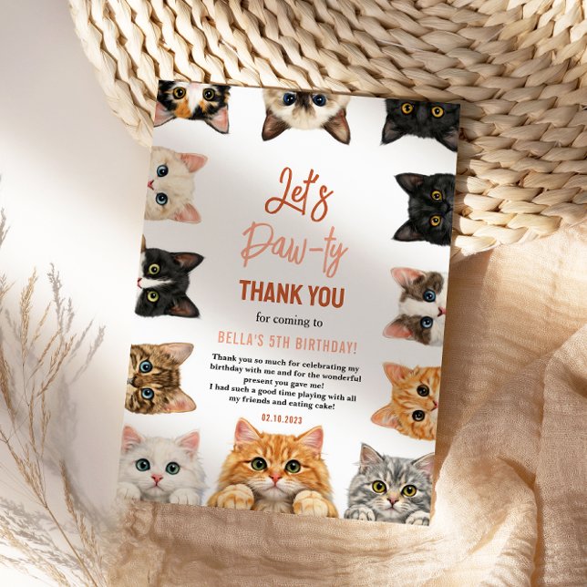Tarjeta De Agradecimiento Vamos a Pawty Cat Cumpleaños 5 | Niño de Cumpleaño (Let's Pawty Cat 5th Birthday | Custom Birthday Kid Thank You Card
)