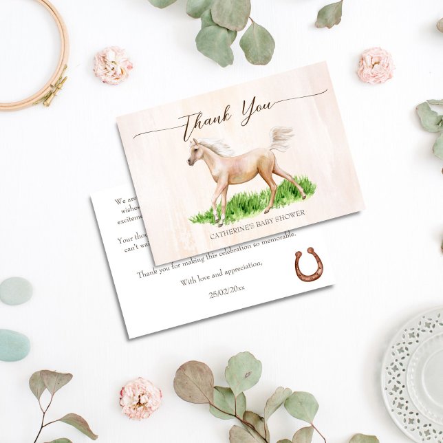 Tarjeta De Agradecimiento Vamos bebé ir caballo derby baño de bebé ecuestres (Go baby go horse race derby equestrian baby shower thank you cards cute beige running foal)