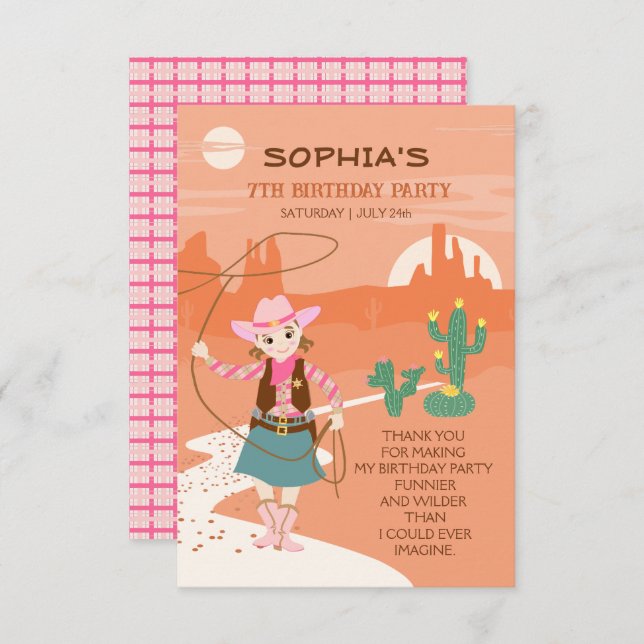 Tarjeta De Agradecimiento Vaquera con lazo y cactus Fiesta de cumpleaños inf (Anverso / Reverso)