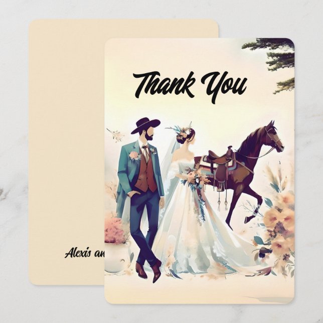 Tarjeta De Agradecimiento Vaquero, novia y caballo, gracias Boda (Anverso / Reverso)