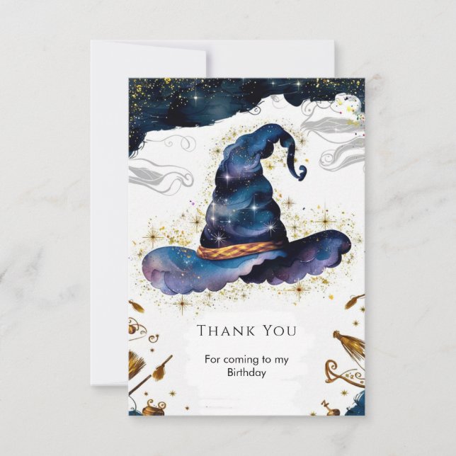 Tarjeta De Agradecimiento Varita Mágica Simple Cumpleaños de Brujo (Anverso)