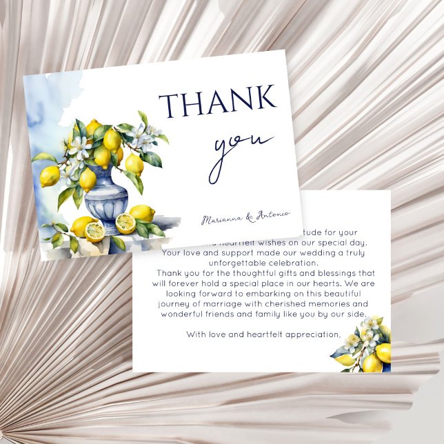 Tarjeta De Agradecimiento Varrón azul Amalfi con boda de limones (Amalfi Italian blue ceramic vase with lemons wedding Thank You Card Mediterranean themed)