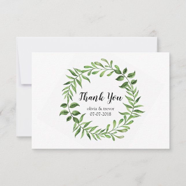Tarjeta De Agradecimiento Vegetación acuarela Boda botánico de Wreath verde (Anverso)