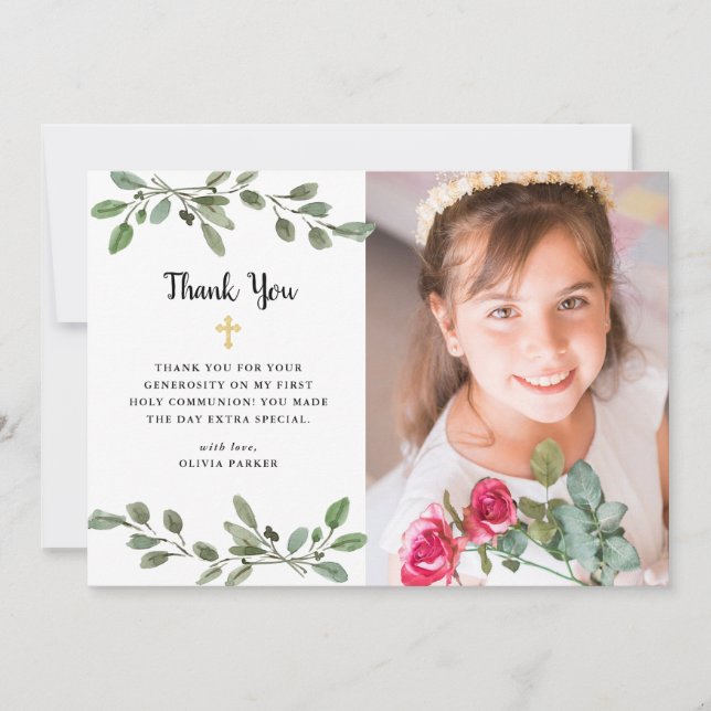 Tarjeta De Agradecimiento Vegetación acuarela y primera comunión con fotogra (Anverso)