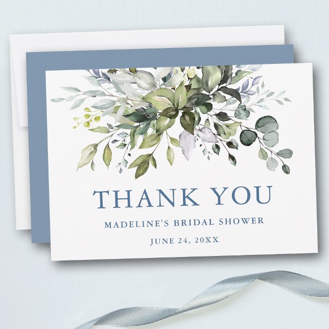 Tarjeta De Agradecimiento Vegetación acuática Dusty Blue Bridal Shower (Customize to change text color, style, add text & photos to back or change color of back of card.)