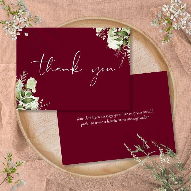 Tarjeta De Agradecimiento Vegetación botánica de Borgoña Elegante guión (Burgundy Botanical Greenery Elegant Script Thank You Card)