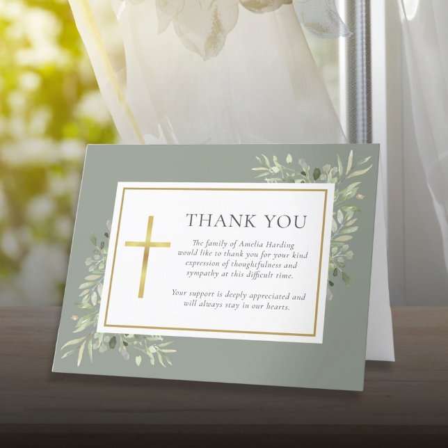 Tarjeta De Agradecimiento Vegetación de acuarela de los hongos cristianos (Christian Funeral Watercolor Greenery Thank You Card)