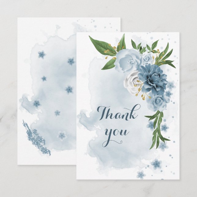 Tarjeta De Agradecimiento vegetación de flores azules y blancas (Anverso / Reverso)