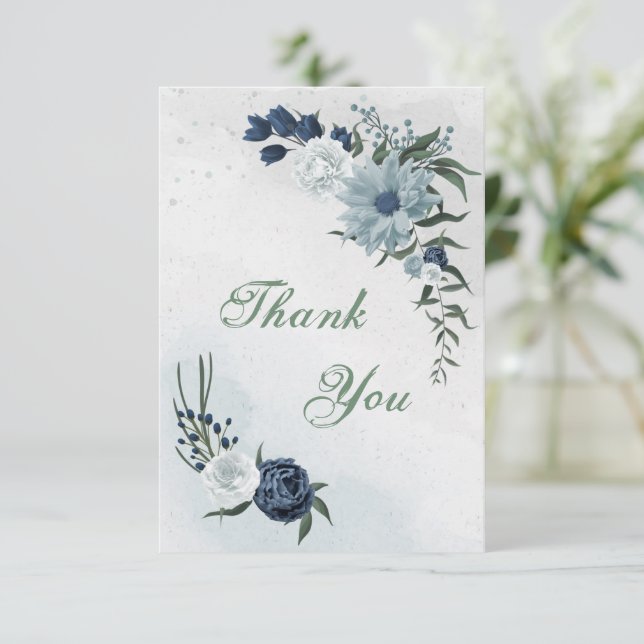 Tarjeta De Agradecimiento vegetación floral blanca y azul (Anverso de pie)