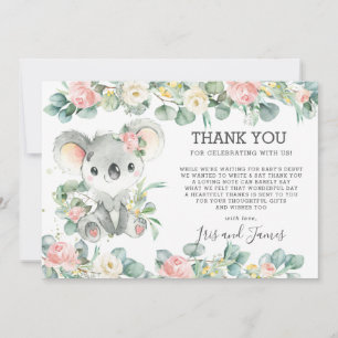 Tarjeta De Agradecimiento Vegetación floral rosa Cute Koala Chica Baby Showe