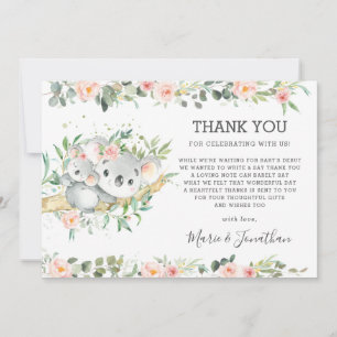 Tarjeta De Agradecimiento Vegetación floral rosa Cute Koala Chica Baby Showe