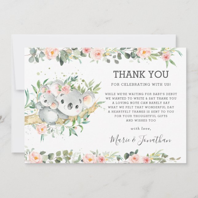 Tarjeta De Agradecimiento Vegetación floral rosa Cute Koala Chica Baby Showe (Anverso)