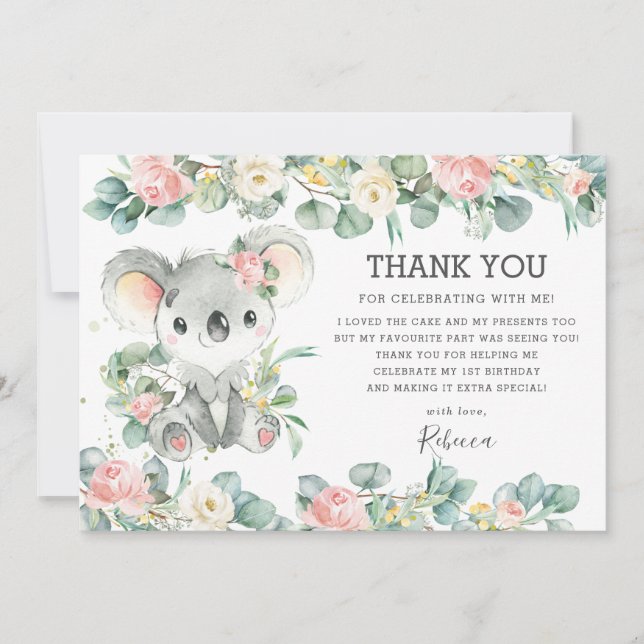 Tarjeta De Agradecimiento Vegetación floral rosa Cute Koala Primer Chica de  (Anverso)