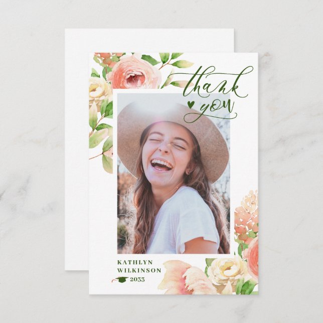 Tarjeta De Agradecimiento Vegetación floral rosa elegante foto graduada (Anverso / Reverso)